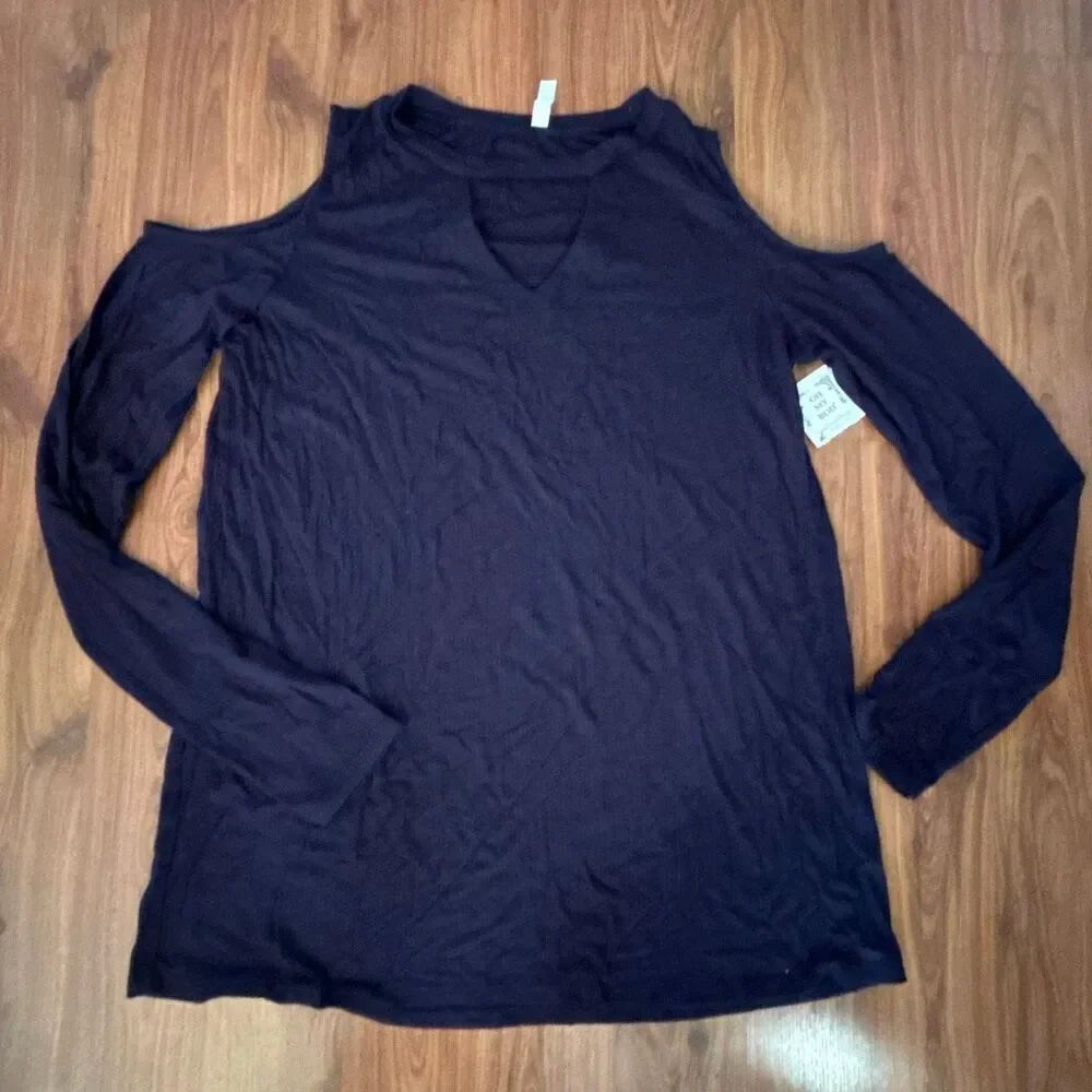 NWT MTS cold shoulder long sleeve ribbed navy top L rayon viscose tshirt